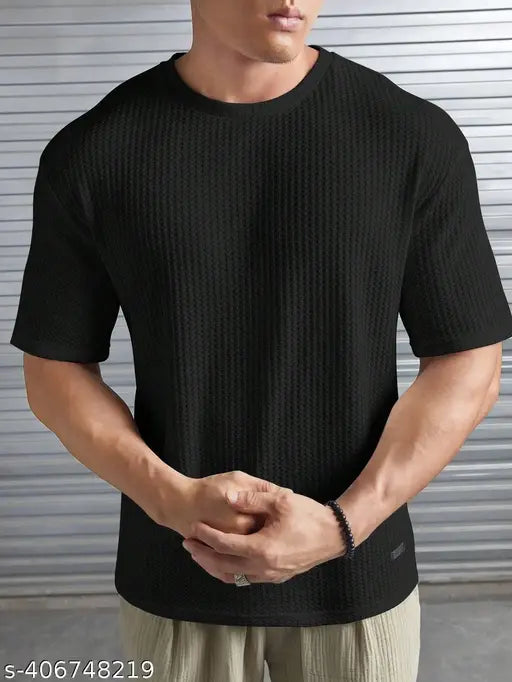 Trendy Fashionable High Quality Popcorn Round Neck Printed Black Cotton Blend Tshirt