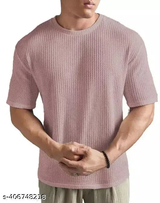 Trendy Fashionable High Quality Popcorn Round Neck Printed Pink Cotton Blend Tshirt